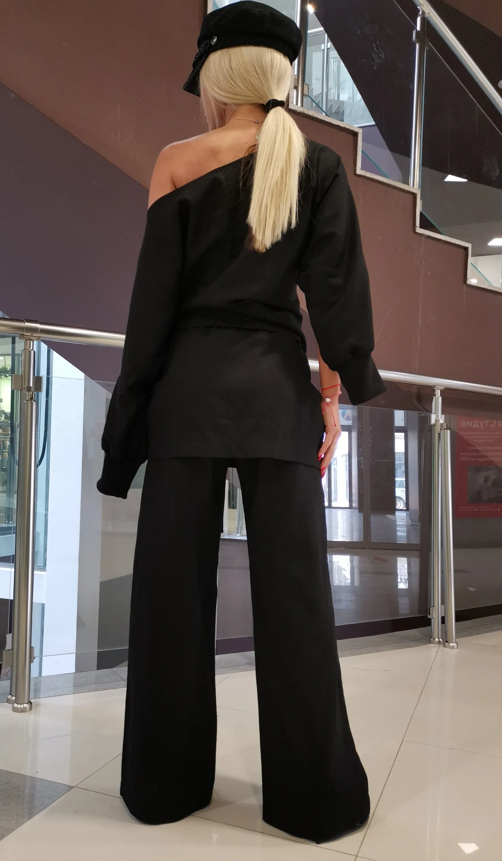 Women two parts Set, Linen Women Set, Loose Pants with Short Skirt, Asimetric Top, Gothic Set, Extravagant Women Set, Black Linen Set