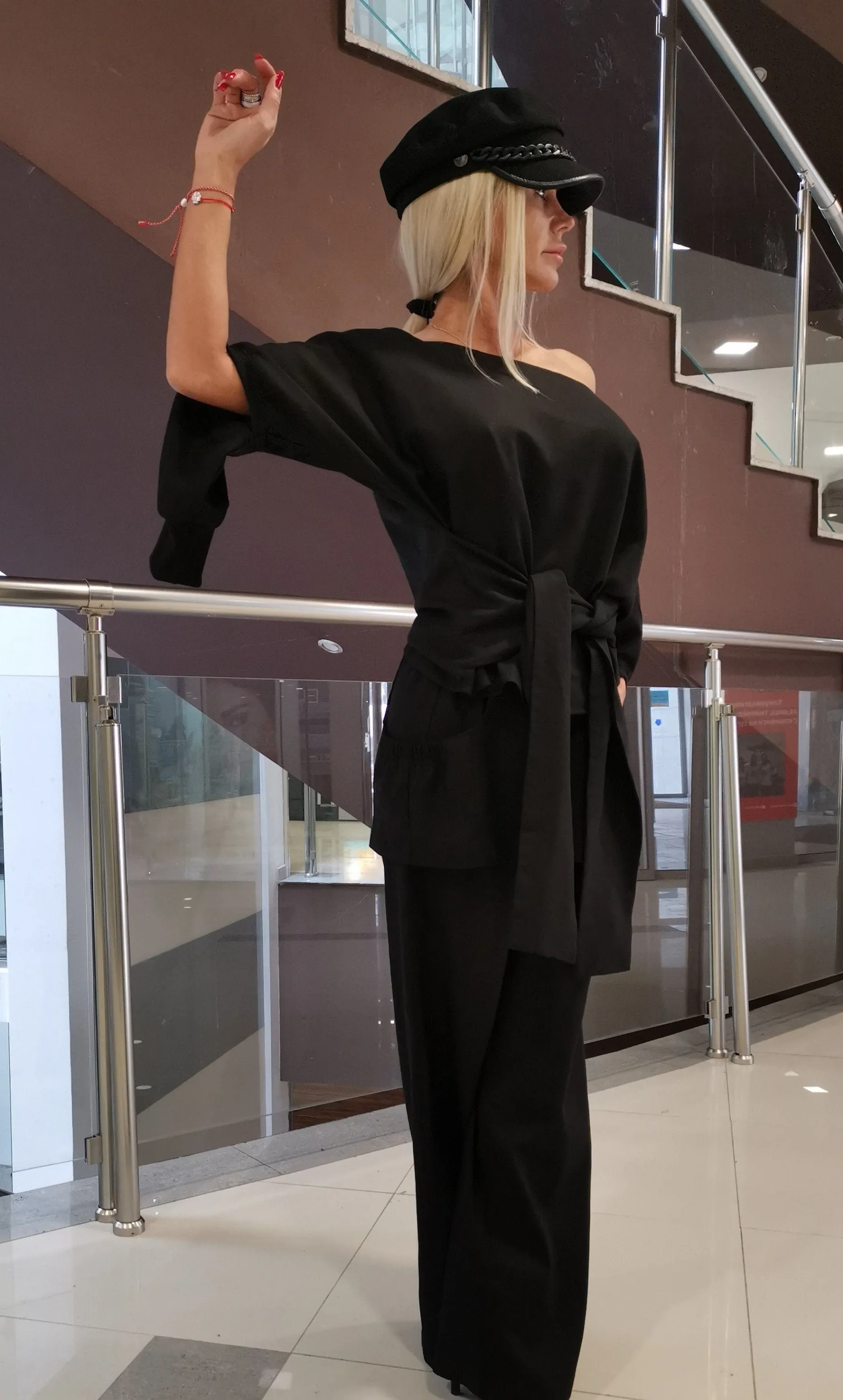 Women two parts Set, Linen Women Set, Loose Pants with Short Skirt, Asimetric Top, Gothic Set, Extravagant Women Set, Black Linen Set
