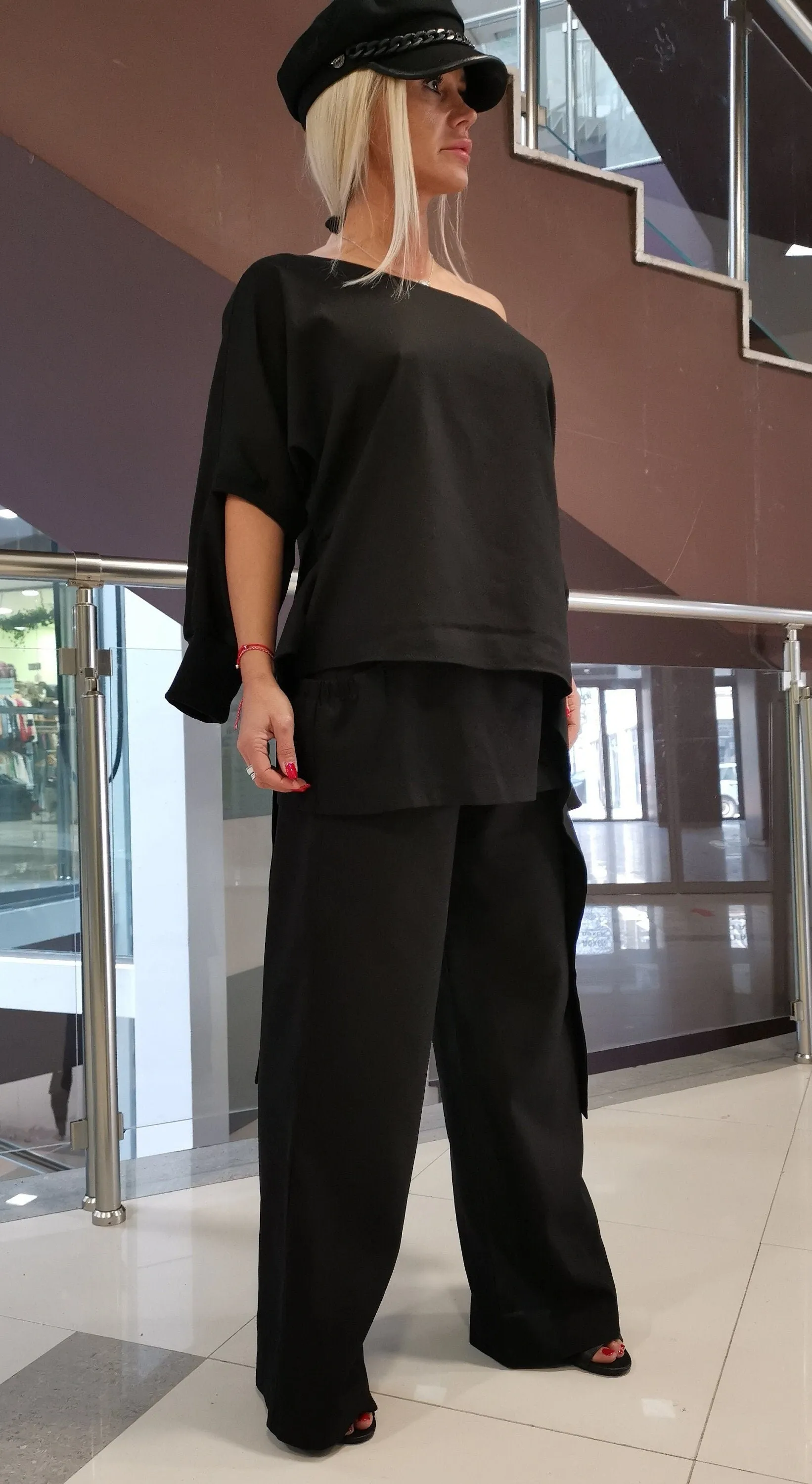 Women two parts Set, Linen Women Set, Loose Pants with Short Skirt, Asimetric Top, Gothic Set, Extravagant Women Set, Black Linen Set
