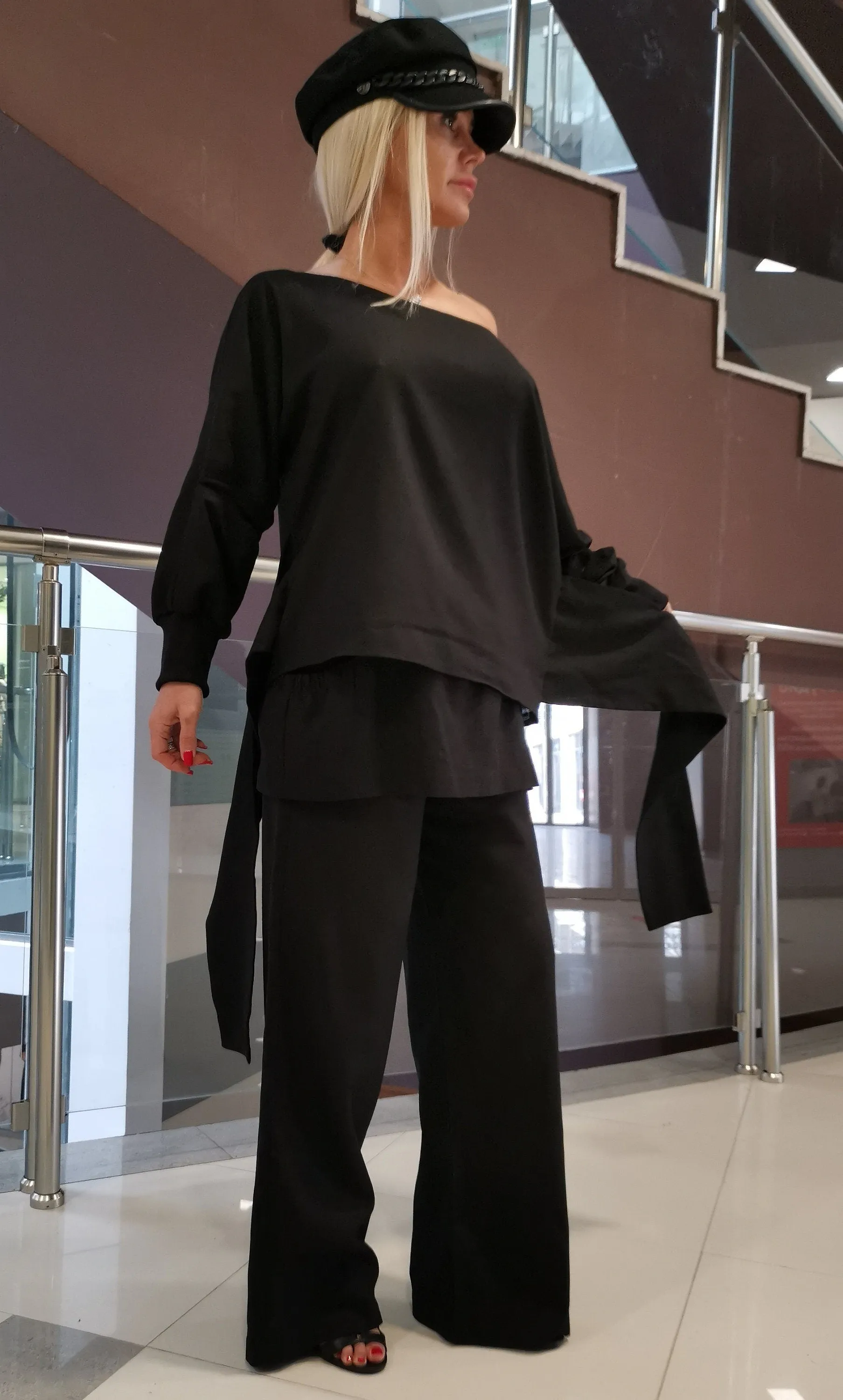 Women two parts Set, Linen Women Set, Loose Pants with Short Skirt, Asimetric Top, Gothic Set, Extravagant Women Set, Black Linen Set