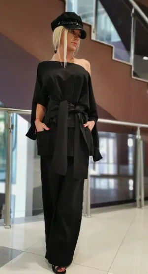 Women two parts Set, Linen Women Set, Loose Pants with Short Skirt, Asimetric Top, Gothic Set, Extravagant Women Set, Black Linen Set