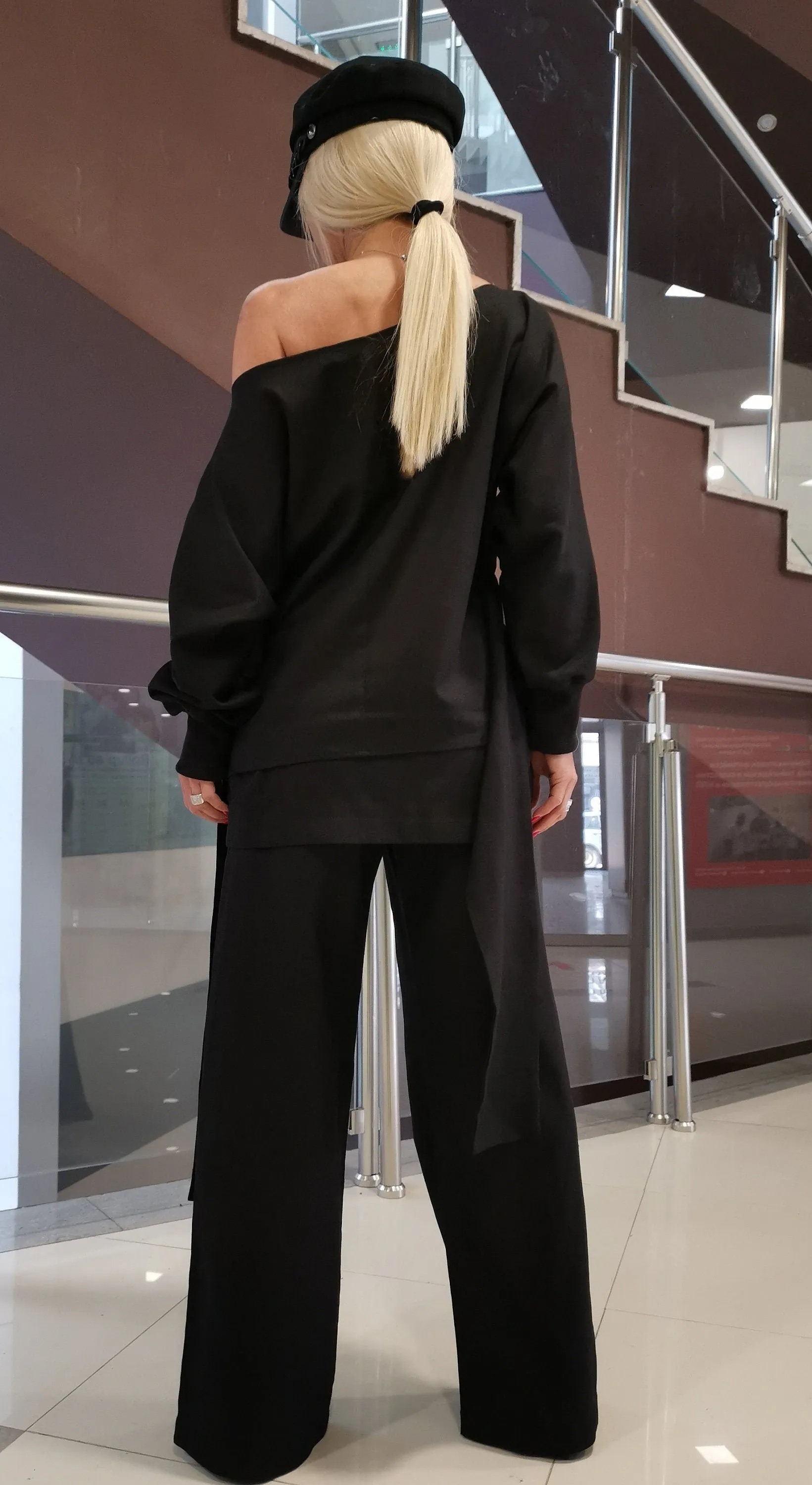 Women two parts Set, Linen Women Set, Loose Pants with Short Skirt, Asimetric Top, Gothic Set, Extravagant Women Set, Black Linen Set