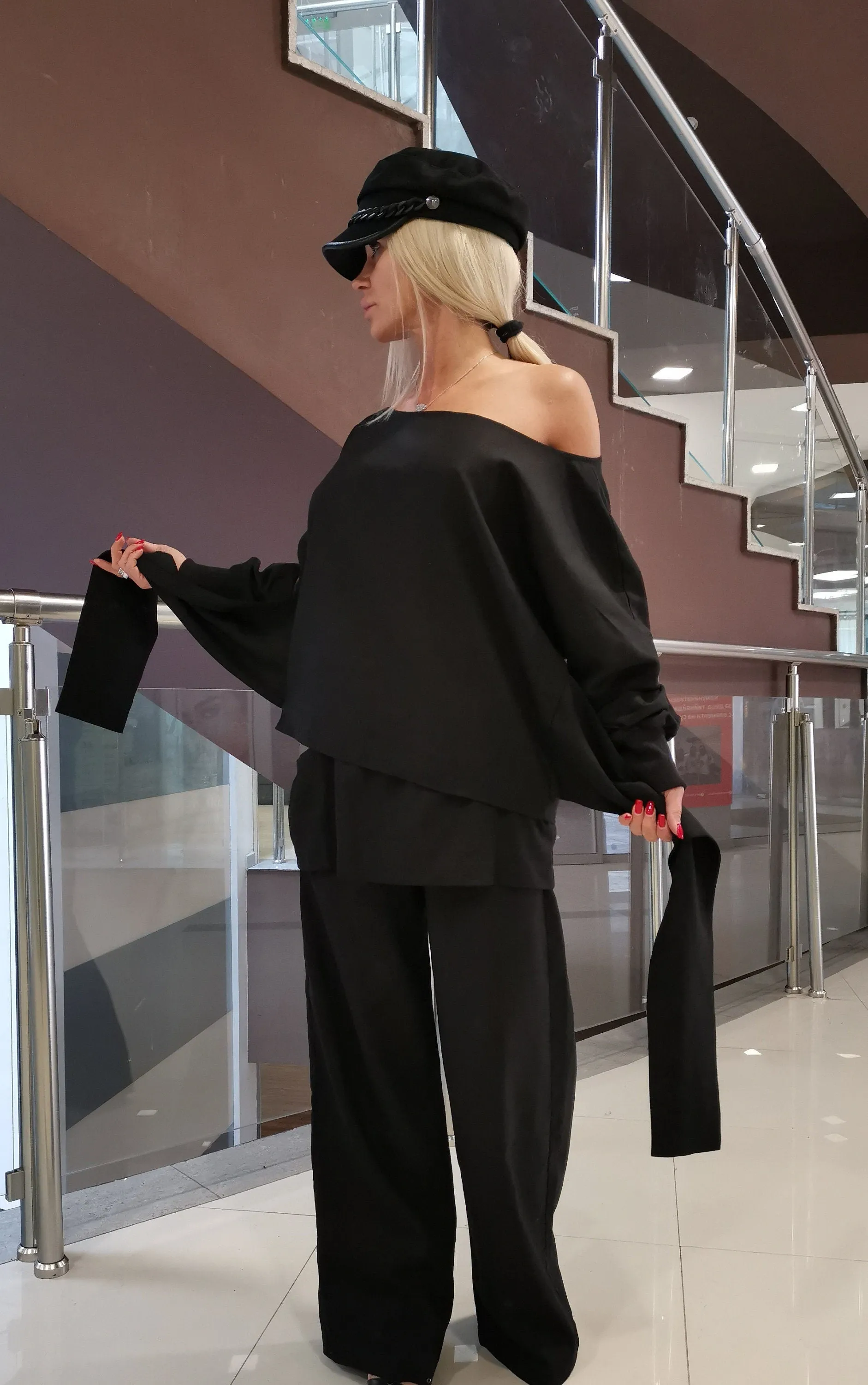 Women two parts Set, Linen Women Set, Loose Pants with Short Skirt, Asimetric Top, Gothic Set, Extravagant Women Set, Black Linen Set