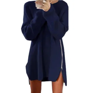 Women Winter Long Sleeve Zippers Side Jumper Tops Knitted Sweater Loose Tunic Mini Dresses