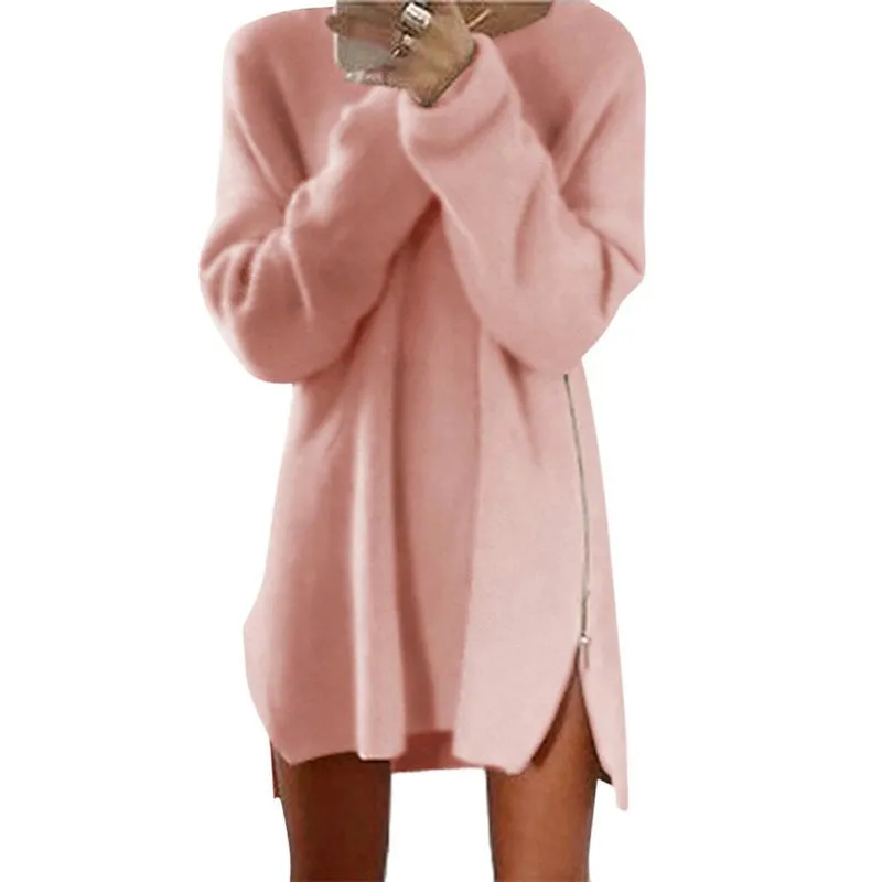 Women Winter Long Sleeve Zippers Side Jumper Tops Knitted Sweater Loose Tunic Mini Dresses