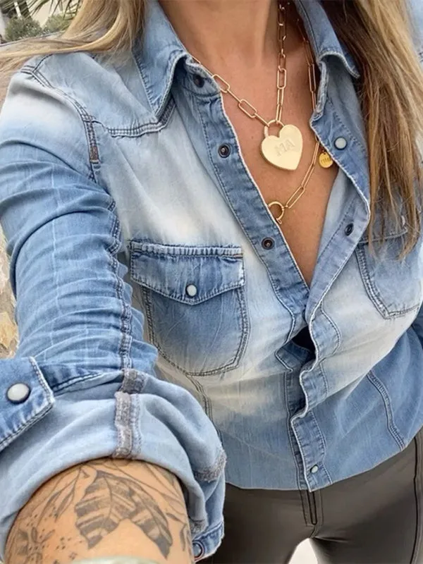women's Denim Shirt Distressed Pocket Slim Fit Outerwear Top