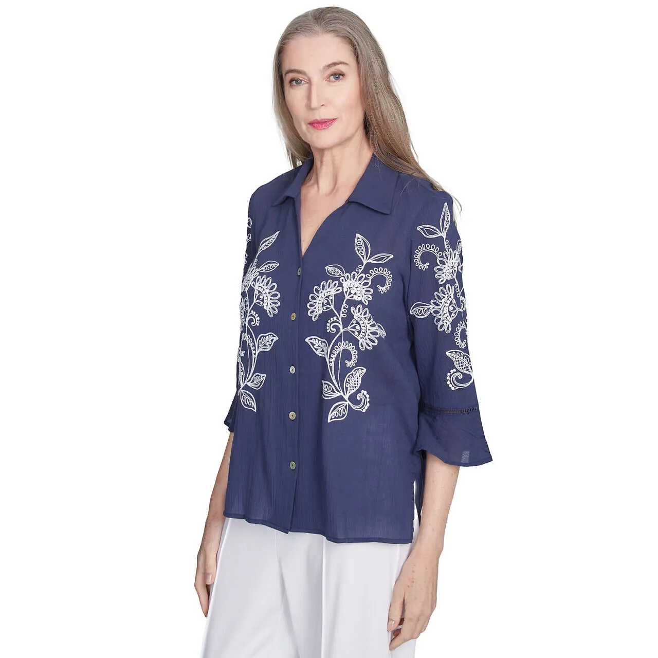 Women's Embroidered Marine Button Front Top - 89441