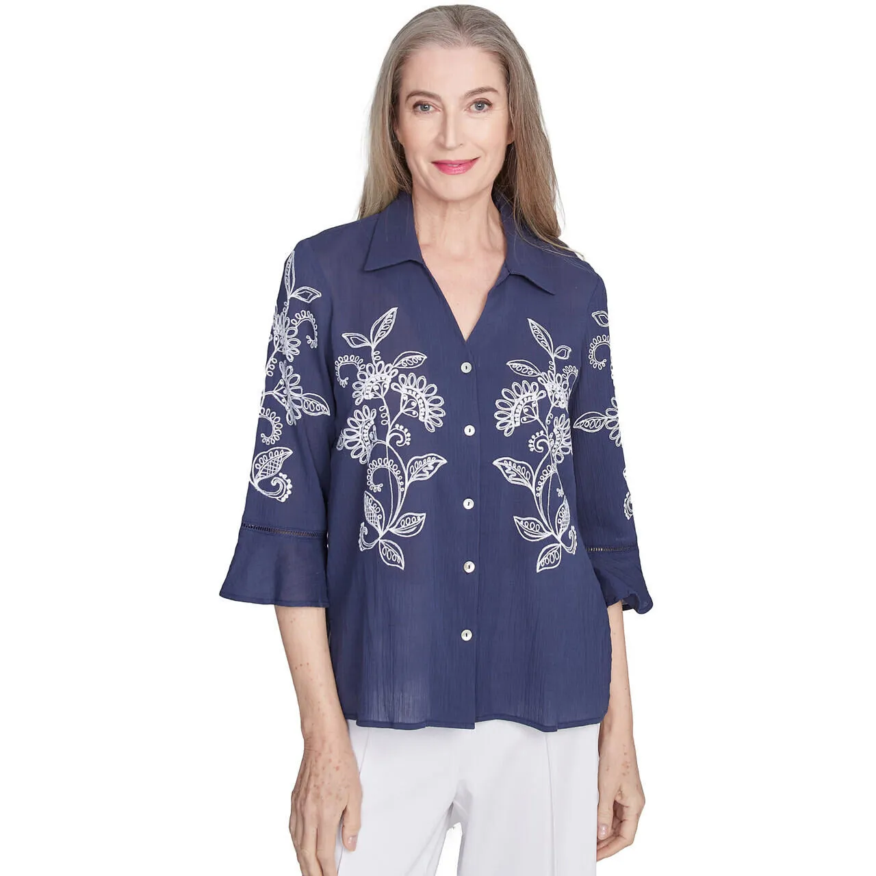 Women's Embroidered Marine Button Front Top - 89441
