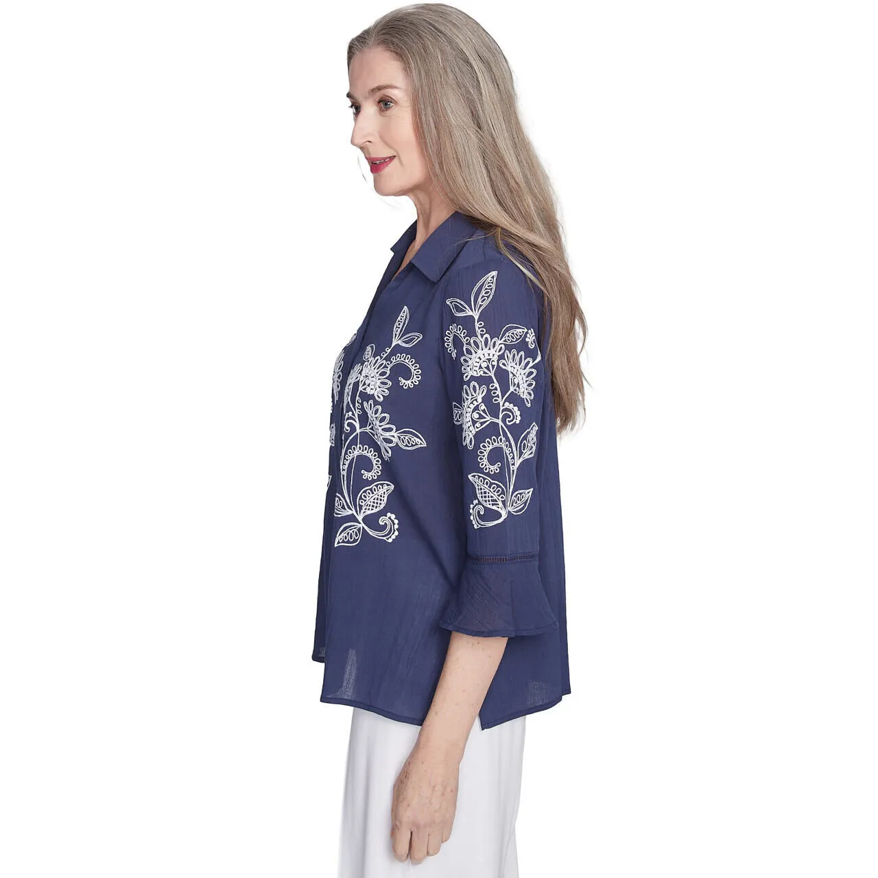 Women's Embroidered Marine Button Front Top - 89441