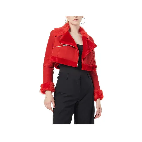 Women's Shearling Suede Leather Cropped Jacket