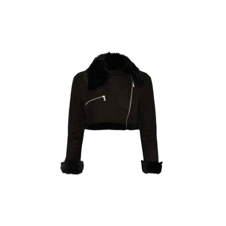Women's Shearling Suede Leather Cropped Jacket