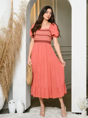 WOMEN'S SHORT PUFF SLEEVE SMOCK MIDI DRESS
