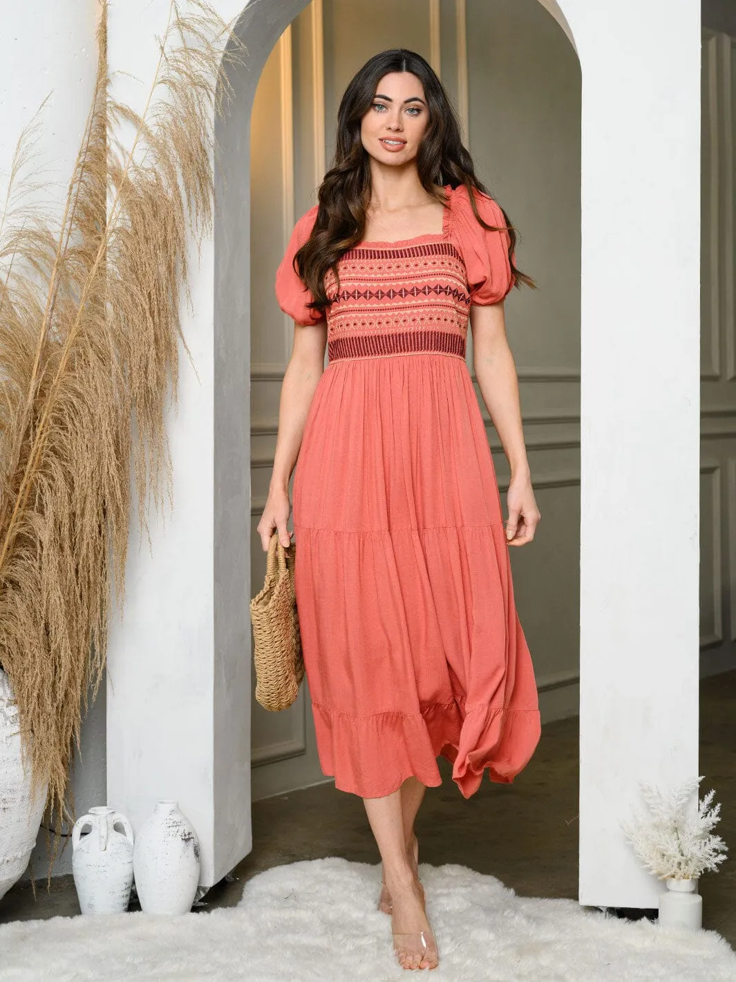 WOMEN'S SHORT PUFF SLEEVE SMOCK MIDI DRESS