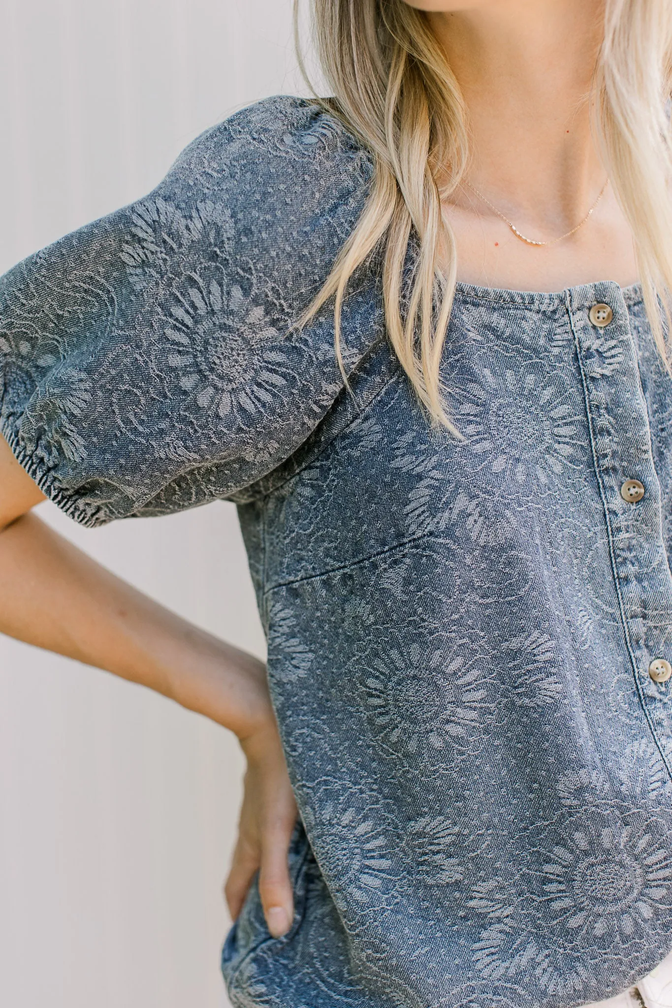 XZ Tone on Tone Denim Floral Top