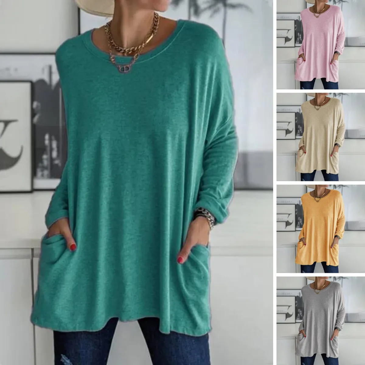 Yvonne® | Fashion Tunic Top Pocket Loose Round Neck Long Sleeve