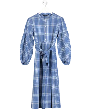 ZARA Blue Checkered Tunic Plaid Belted Midi Dress Linen Blend UK M