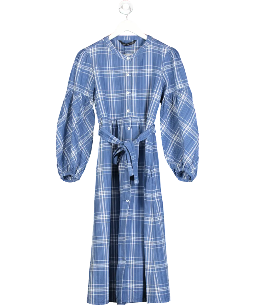 ZARA Blue Checkered Tunic Plaid Belted Midi Dress Linen Blend UK M