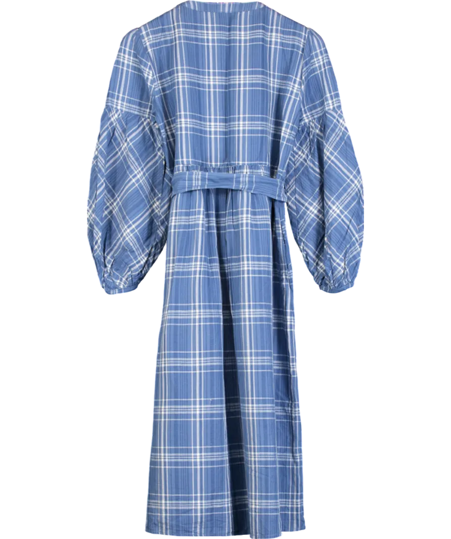 ZARA Blue Checkered Tunic Plaid Belted Midi Dress Linen Blend UK M