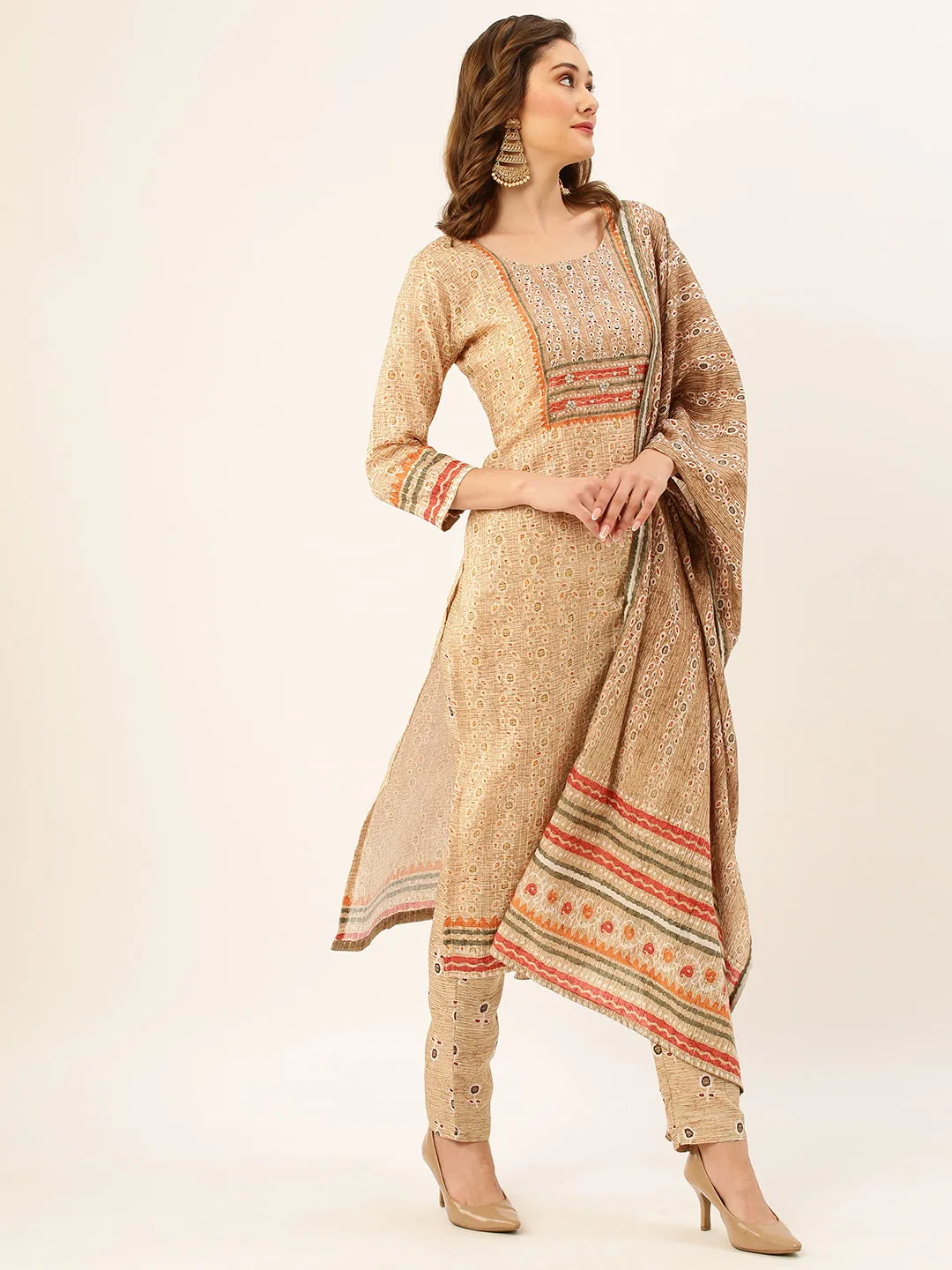 ZOLA Exclusive Round Neck Linen All Over Dabu Print Fawn Straight Kurta Set with Dupatta For Women