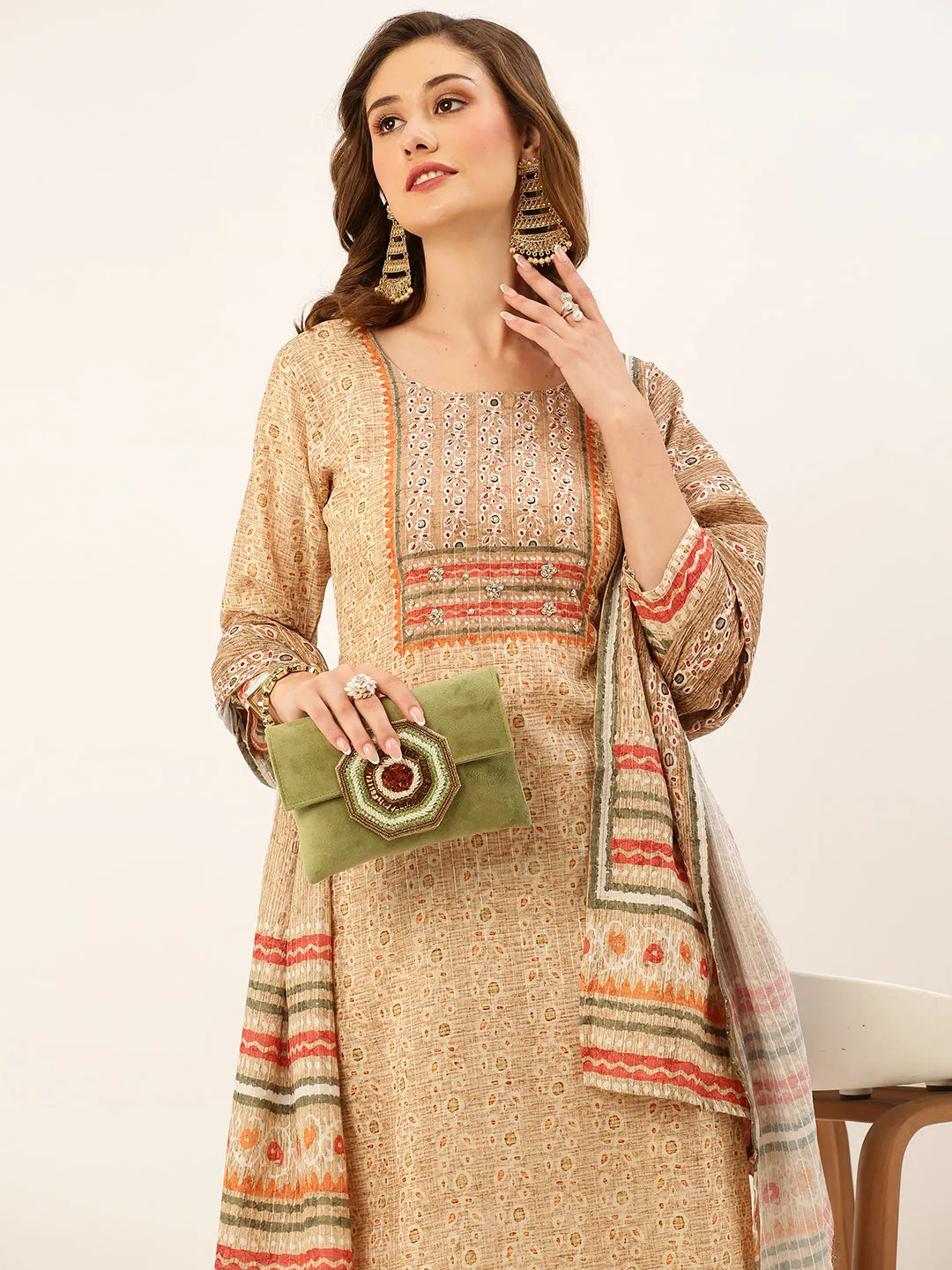 ZOLA Exclusive Round Neck Linen All Over Dabu Print Fawn Straight Kurta Set with Dupatta For Women
