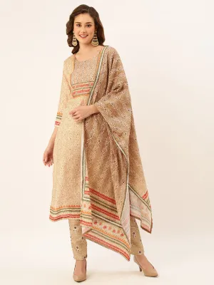 ZOLA Exclusive Round Neck Linen All Over Dabu Print Fawn Straight Kurta Set with Dupatta For Women