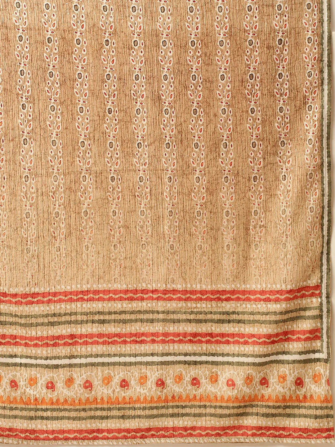 ZOLA Exclusive Round Neck Linen All Over Dabu Print Fawn Straight Kurta Set with Dupatta For Women