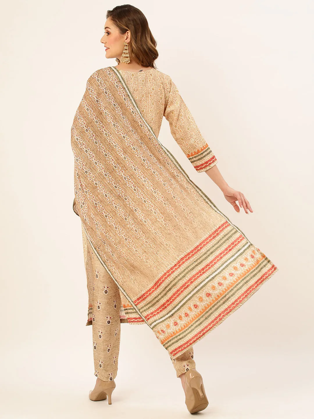 ZOLA Exclusive Round Neck Linen All Over Dabu Print Fawn Straight Kurta Set with Dupatta For Women