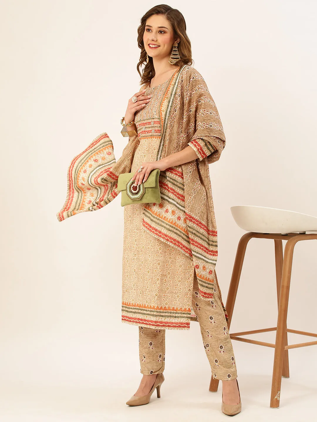ZOLA Exclusive Round Neck Linen All Over Dabu Print Fawn Straight Kurta Set with Dupatta For Women