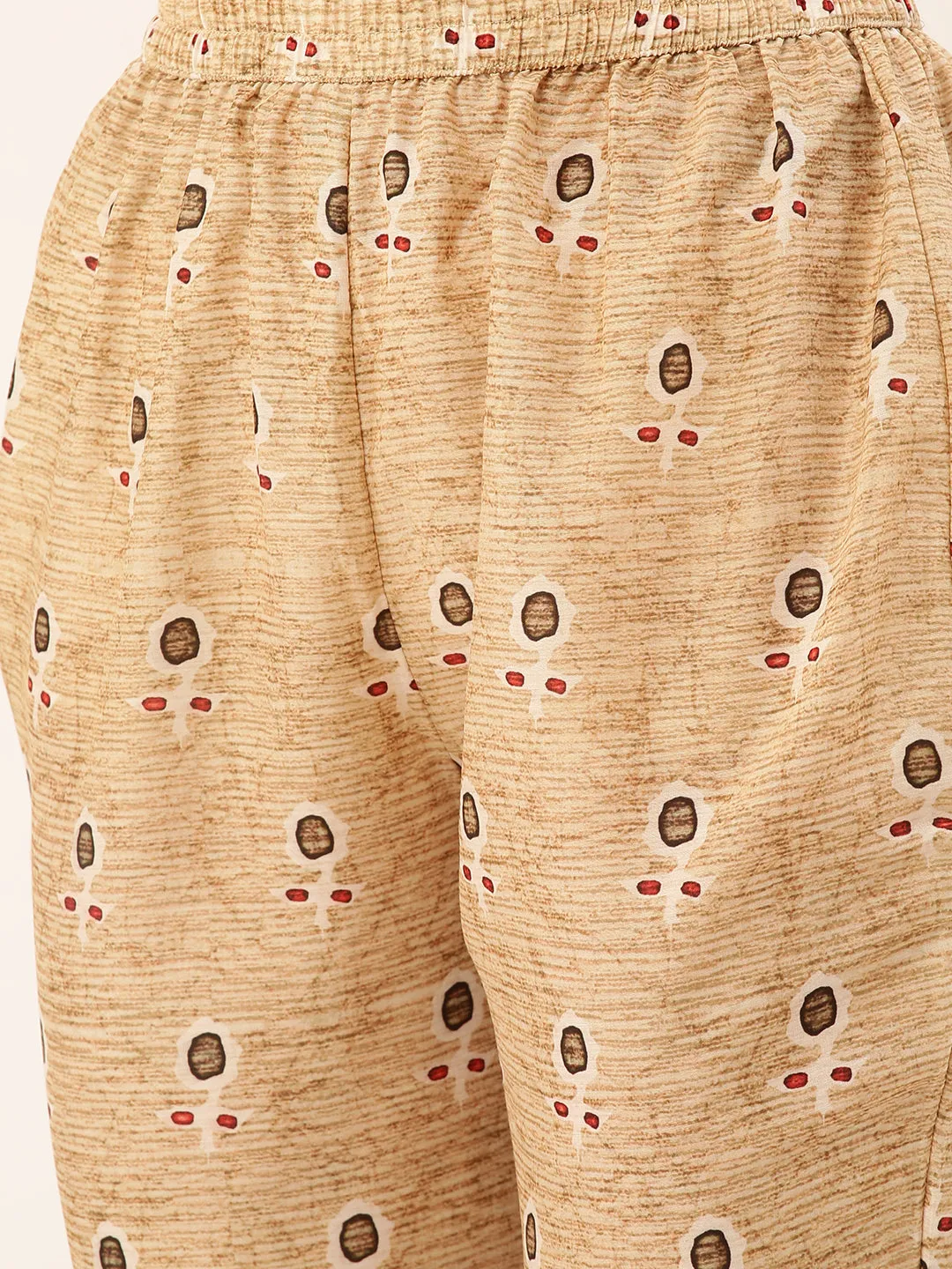 ZOLA Exclusive Round Neck Linen All Over Dabu Print Fawn Straight Kurta Set with Dupatta For Women